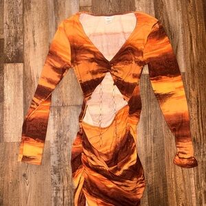 Rue21 Vibrant Orange and Brown Long Sleeve Dress
